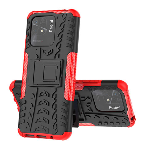 Funda Bumper Silicona y Plastico Mate Carcasa con Soporte JX1 para Xiaomi Redmi 10 India Rojo