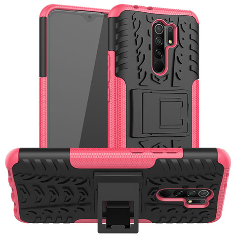 Funda Bumper Silicona y Plastico Mate Carcasa con Soporte JX1 para Xiaomi Redmi 9 Prime India Rosa Roja