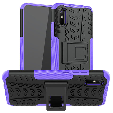 Funda Bumper Silicona y Plastico Mate Carcasa con Soporte JX1 para Xiaomi Redmi 9A Morado