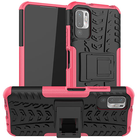 Funda Bumper Silicona y Plastico Mate Carcasa con Soporte JX1 para Xiaomi Redmi Note 10T 5G Rosa Roja