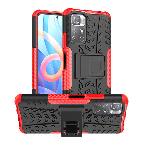 Funda Bumper Silicona y Plastico Mate Carcasa con Soporte JX1 para Xiaomi Redmi Note 11 5G Rojo