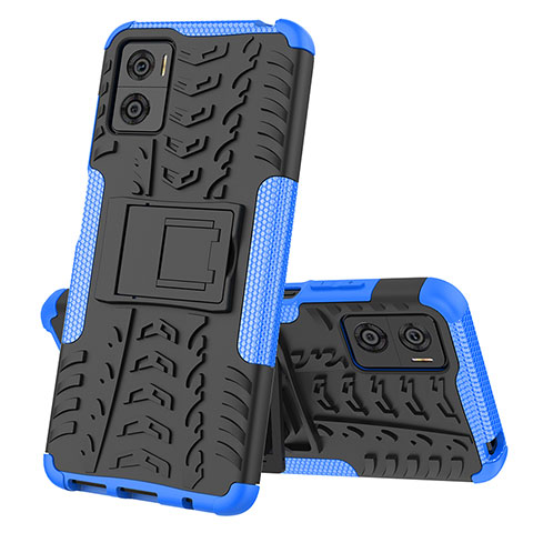 Funda Bumper Silicona y Plastico Mate Carcasa con Soporte JX2 para Motorola Moto E22i Azul