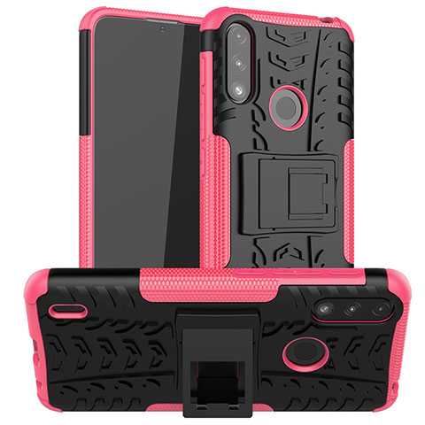 Funda Bumper Silicona y Plastico Mate Carcasa con Soporte JX2 para Motorola Moto E7 Power Rosa Roja