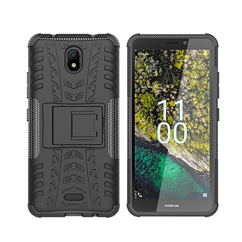 Funda Bumper Silicona y Plastico Mate Carcasa con Soporte JX2 para Nokia C100 Negro