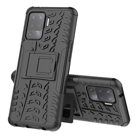 Funda Bumper Silicona y Plastico Mate Carcasa con Soporte JX2 para Oppo Reno5 F Negro