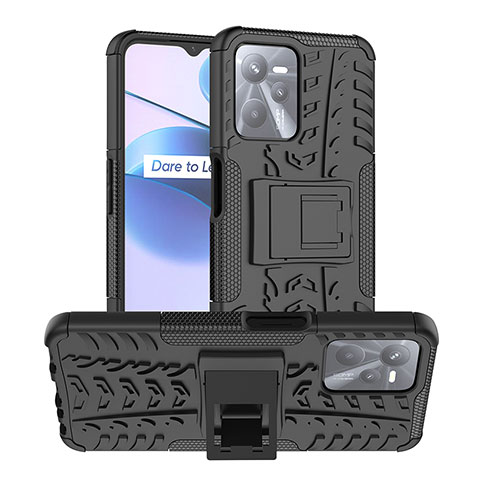 Funda Bumper Silicona y Plastico Mate Carcasa con Soporte JX2 para Realme C35 Negro