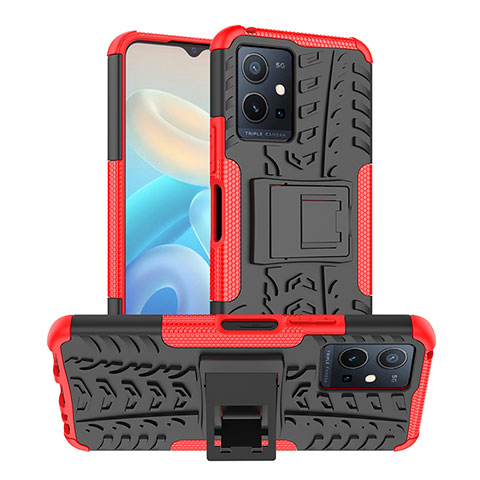 Funda Bumper Silicona y Plastico Mate Carcasa con Soporte JX2 para Vivo Y52t 5G Rojo