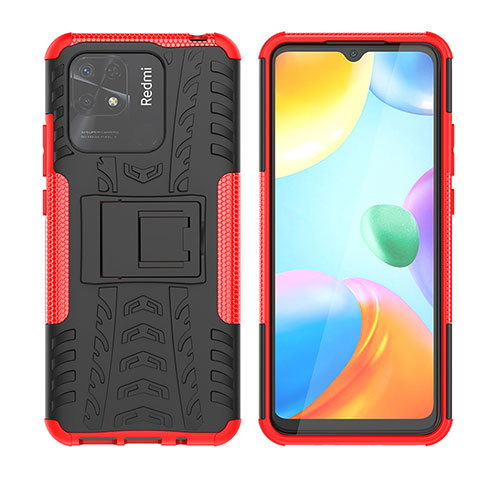 Funda Bumper Silicona y Plastico Mate Carcasa con Soporte JX2 para Xiaomi Redmi 10 India Rojo