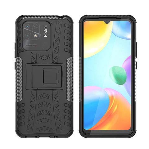 Funda Bumper Silicona y Plastico Mate Carcasa con Soporte JX2 para Xiaomi Redmi 10C 4G Negro