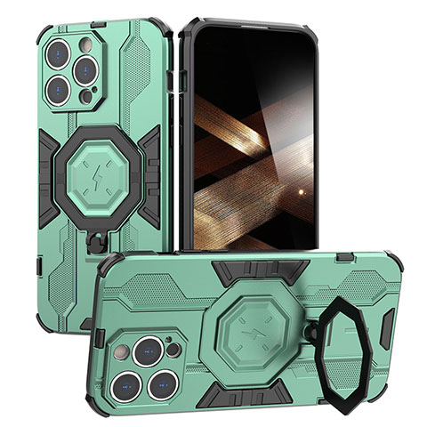 Funda Bumper Silicona y Plastico Mate Carcasa con Soporte K01C para Apple iPhone 14 Pro Verde