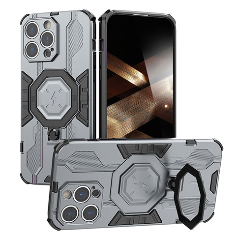 Funda Bumper Silicona y Plastico Mate Carcasa con Soporte K01C para Apple iPhone 16 Pro Max Gris