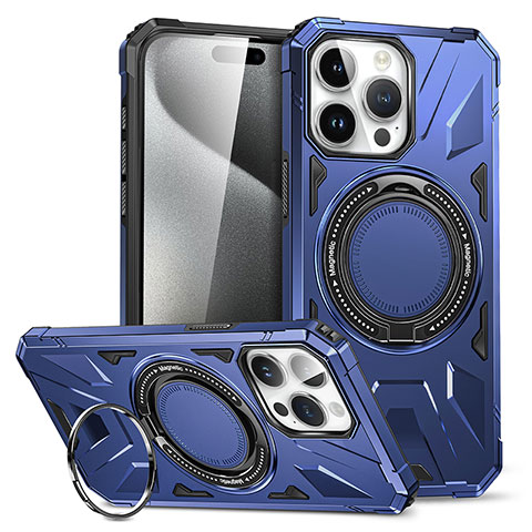 Funda Bumper Silicona y Plastico Mate Carcasa con Soporte K02C para Apple iPhone 15 Pro Azul