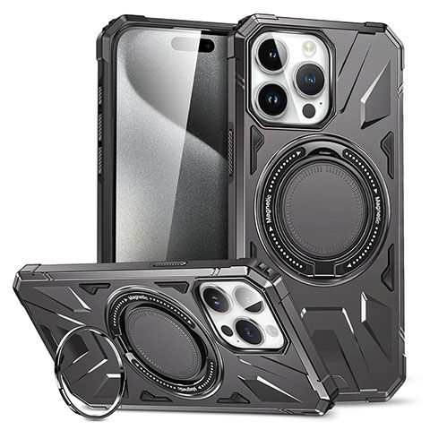 Funda Bumper Silicona y Plastico Mate Carcasa con Soporte K02C para Apple iPhone 15 Pro Max Gris