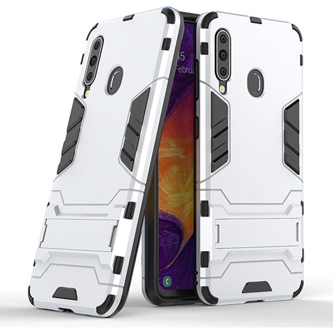 Funda Bumper Silicona y Plastico Mate Carcasa con Soporte KC2 para Samsung Galaxy M40 Blanco