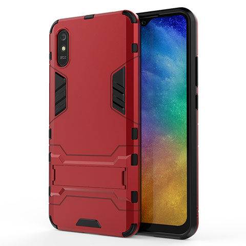 Funda Bumper Silicona y Plastico Mate Carcasa con Soporte KC2 para Xiaomi Redmi 9A Rojo