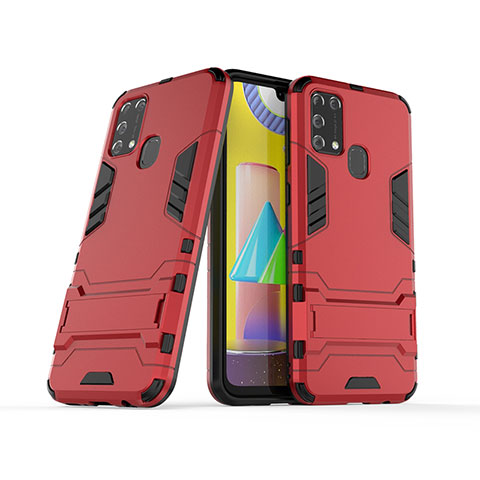 Funda Bumper Silicona y Plastico Mate Carcasa con Soporte KC3 para Samsung Galaxy M21s Rojo