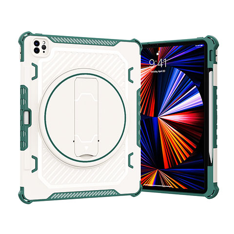 Funda Bumper Silicona y Plastico Mate Carcasa con Soporte L09 para Apple iPad Pro 12.9 (2021) Verde