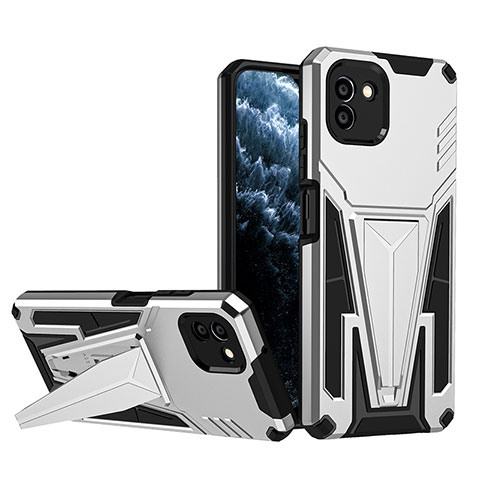 Funda Bumper Silicona y Plastico Mate Carcasa con Soporte MQ1 para Samsung Galaxy A03 Plata