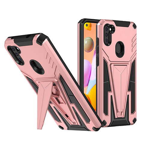 Funda Bumper Silicona y Plastico Mate Carcasa con Soporte MQ1 para Samsung Galaxy A11 Oro Rosa