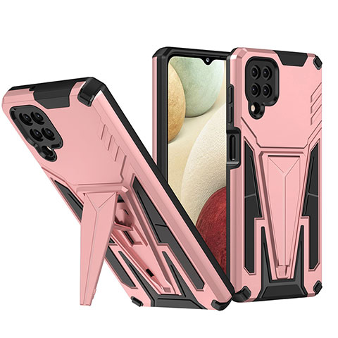 Funda Bumper Silicona y Plastico Mate Carcasa con Soporte MQ1 para Samsung Galaxy A12 Oro Rosa