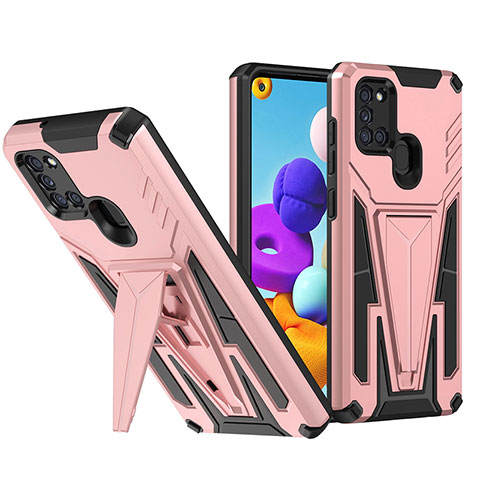 Funda Bumper Silicona y Plastico Mate Carcasa con Soporte MQ1 para Samsung Galaxy A21 Oro Rosa