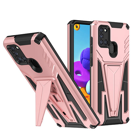 Funda Bumper Silicona y Plastico Mate Carcasa con Soporte MQ1 para Samsung Galaxy A21s Oro Rosa