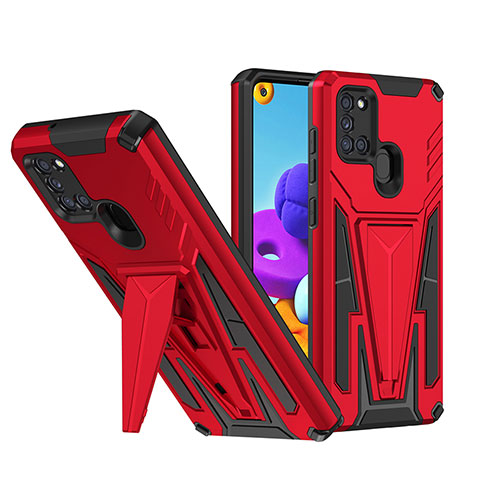 Funda Bumper Silicona y Plastico Mate Carcasa con Soporte MQ1 para Samsung Galaxy A21s Rojo