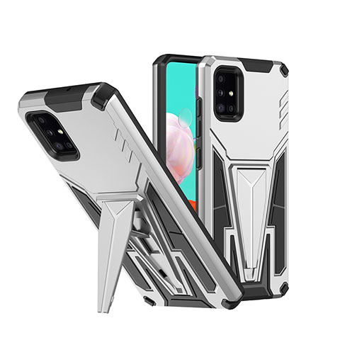 Funda Bumper Silicona y Plastico Mate Carcasa con Soporte MQ1 para Samsung Galaxy A51 4G Plata