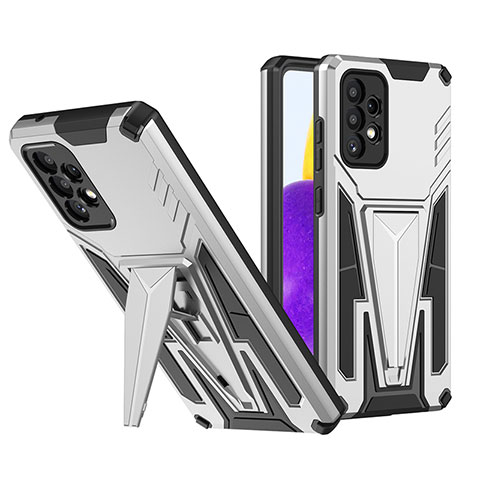 Funda Bumper Silicona y Plastico Mate Carcasa con Soporte MQ1 para Samsung Galaxy A72 5G Plata