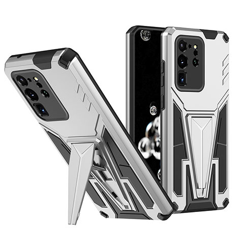 Funda Bumper Silicona y Plastico Mate Carcasa con Soporte MQ1 para Samsung Galaxy S20 Ultra 5G Plata