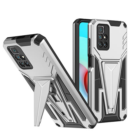 Funda Bumper Silicona y Plastico Mate Carcasa con Soporte MQ1 para Xiaomi Redmi 10 (2022) Plata