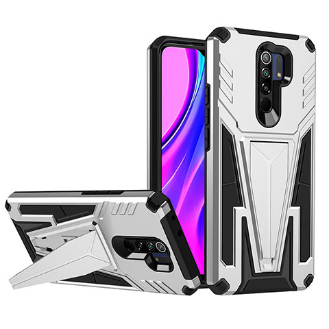 Funda Bumper Silicona y Plastico Mate Carcasa con Soporte MQ1 para Xiaomi Redmi 9 Prime India Plata