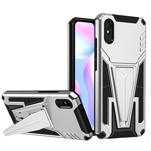 Funda Bumper Silicona y Plastico Mate Carcasa con Soporte MQ1 para Xiaomi Redmi 9A Plata