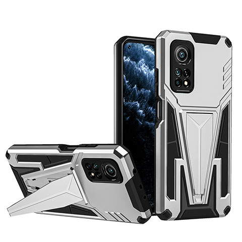 Funda Bumper Silicona y Plastico Mate Carcasa con Soporte MQ1 para Xiaomi Redmi K30S 5G Plata