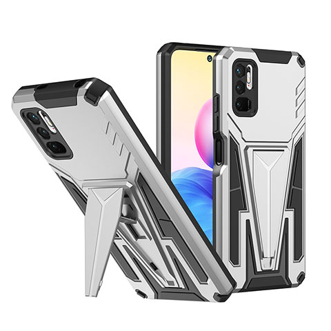 Funda Bumper Silicona y Plastico Mate Carcasa con Soporte MQ1 para Xiaomi Redmi Note 10 5G Plata