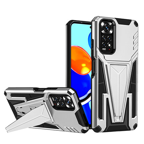 Funda Bumper Silicona y Plastico Mate Carcasa con Soporte MQ1 para Xiaomi Redmi Note 11S 4G Plata