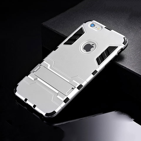 Funda Bumper Silicona y Plastico Mate Carcasa con Soporte para Apple iPhone 6S Plata