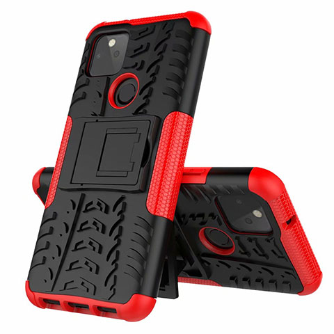 Funda Bumper Silicona y Plastico Mate Carcasa con Soporte para Google Pixel 5 Rojo