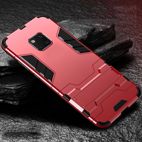 Funda Bumper Silicona y Plastico Mate Carcasa con Soporte para Huawei Mate 20 Pro Rojo