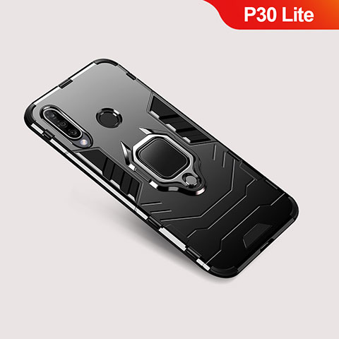 Funda Bumper Silicona y Plastico Mate Carcasa con Soporte para Huawei P30 Lite New Edition Negro