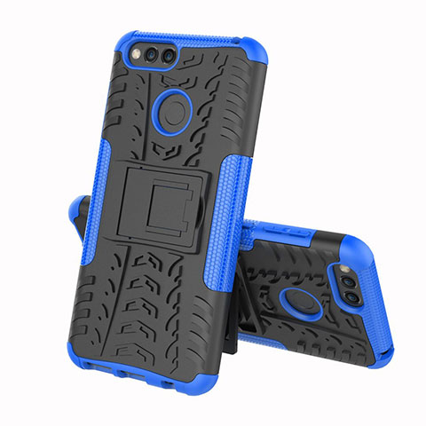 Funda Bumper Silicona y Plastico Mate Carcasa con Soporte para Huawei Y6 Prime (2018) Azul