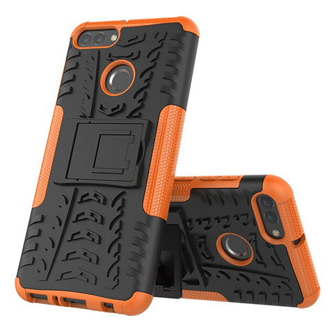 Funda Bumper Silicona y Plastico Mate Carcasa con Soporte para Huawei Y9 (2018) Naranja