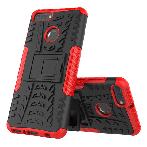 Funda Bumper Silicona y Plastico Mate Carcasa con Soporte para Huawei Y9 (2018) Rojo