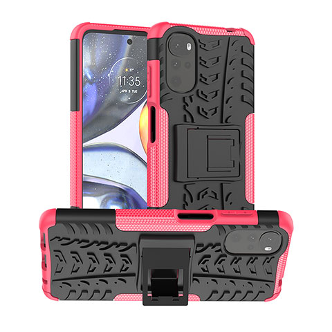 Funda Bumper Silicona y Plastico Mate Carcasa con Soporte para Motorola Moto G22 Rosa Roja