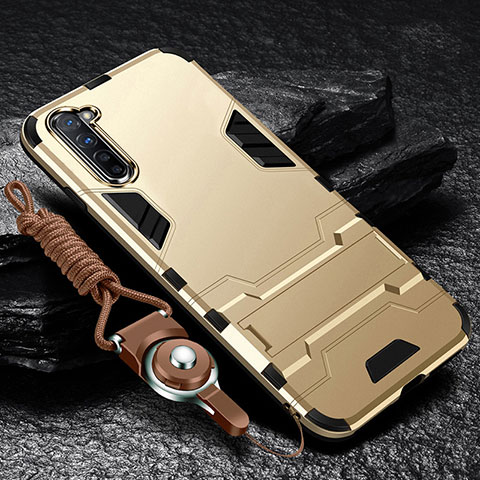 Funda Bumper Silicona y Plastico Mate Carcasa con Soporte para Oppo F15 Oro