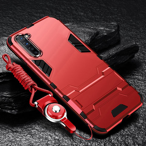 Funda Bumper Silicona y Plastico Mate Carcasa con Soporte para Oppo F15 Rojo