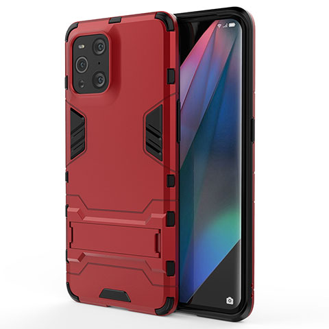 Funda Bumper Silicona y Plastico Mate Carcasa con Soporte para Oppo Find X3 Pro 5G Rojo