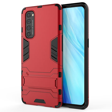 Funda Bumper Silicona y Plastico Mate Carcasa con Soporte para Oppo Reno4 Pro 4G Rojo