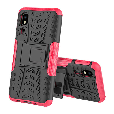 Funda Bumper Silicona y Plastico Mate Carcasa con Soporte para Samsung Galaxy A2 Core A260F A260G Rosa Roja