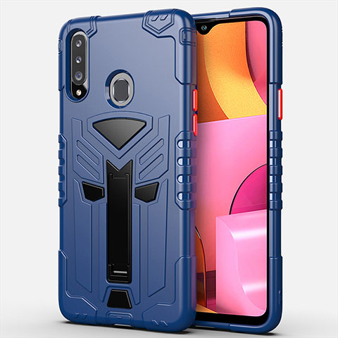 Funda Bumper Silicona y Plastico Mate Carcasa con Soporte para Samsung Galaxy A20s Azul